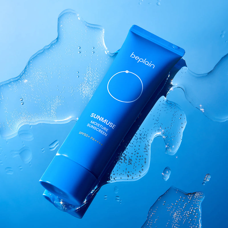 ProtoClinical k-beauty beplain Sunmuse Moisture Sunscreen (SPF50+/PA++++) 50ml single front-facing blue sunscreen tube on a light background.