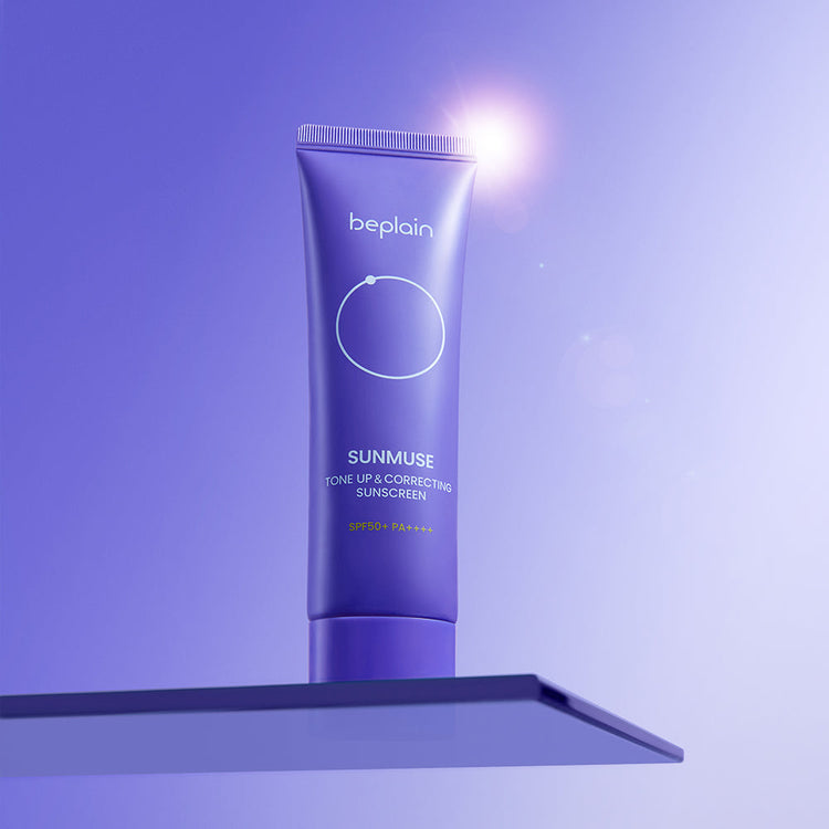 ProtoClinical k-beauty beplain Sunmuse Tone-Up & Correcting Sunscreen (SPF50+/PA++++) 50ml single sunscreen package on a clean light background