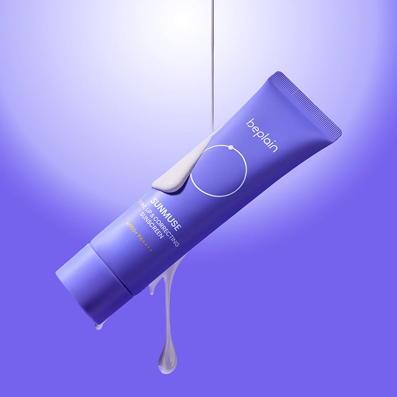 ProtoClinical k-beauty beplain Sunmuse Tone-Up & Correcting Sunscreen (SPF50+/PA++++) 50ml single sunscreen package on a clean light background