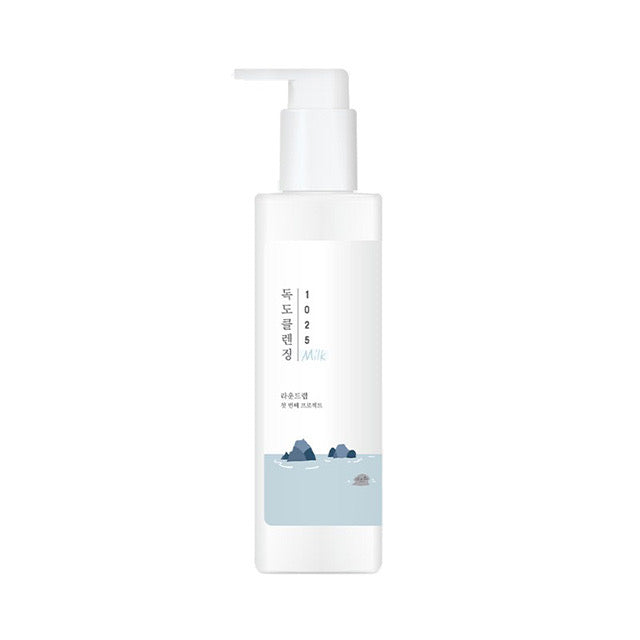 Round Lab 1025 Dokdo Cleansing Milk 200ml by ProtoClinical shown in a front-facing cleansing milk bottle on a light background for a k-beauty skincare routine.