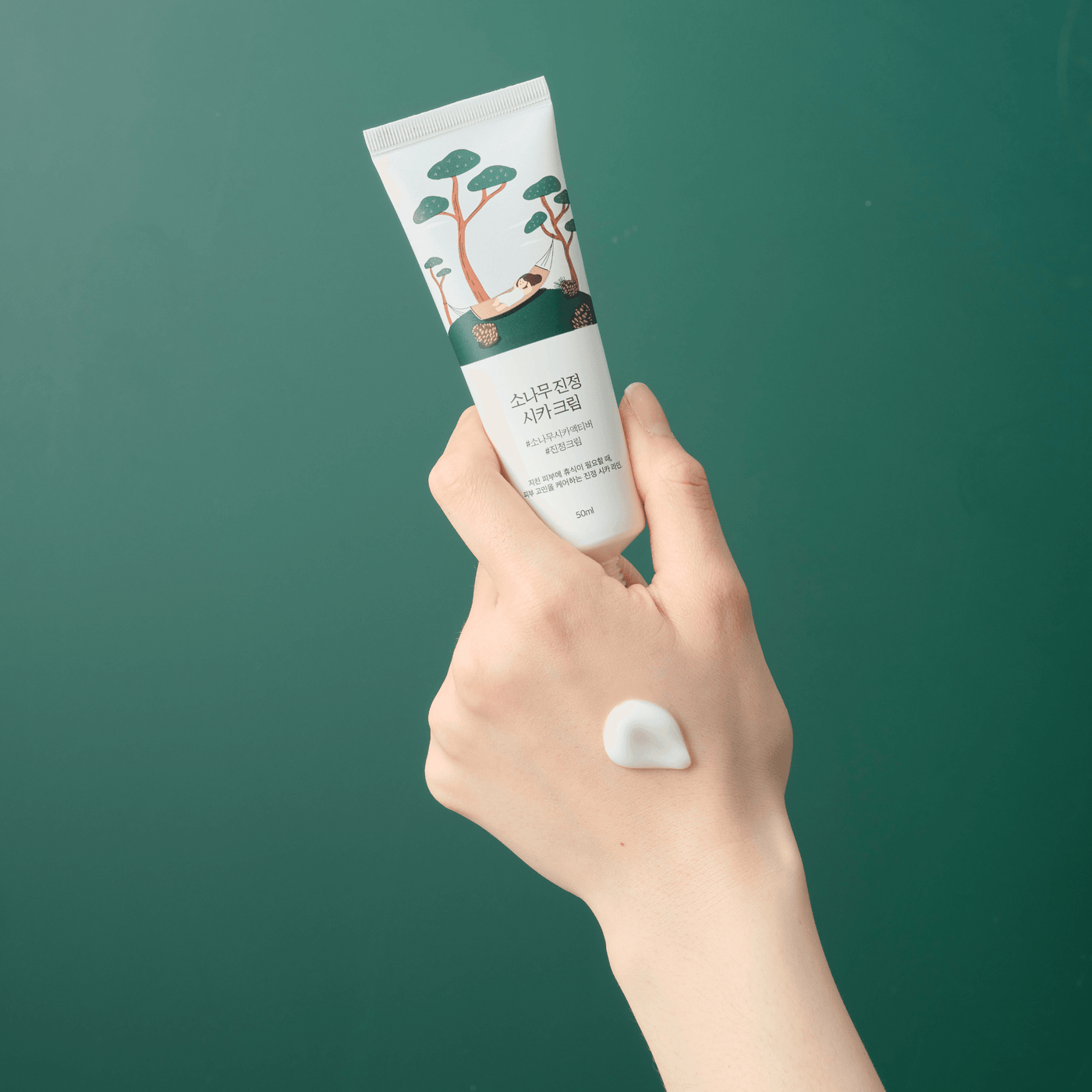 ProtoClinical k-beauty abstract beauty graphic with a deep teal field and a pale cream vertical center.