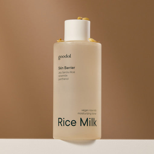 ProtoClinical k-beauty goodal Vegan Rice Milk Moisturizing Toner 250ml single upright pale cream toner bottle centered on a warm beige background