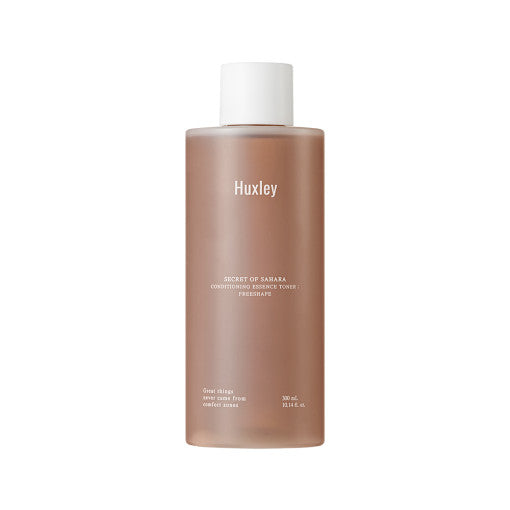 ProtoClinical k-beauty Huxley Conditioning Essence Toner Freeshape 300ml in a warm brown beauty product silhouette with pale blue side accents on a light background