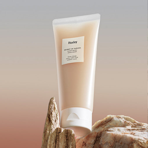 ProtoClinical k-beauty Huxley Sleep Mask Good Night 150g with taupe, charcoal, and cream packaging forms on a pale background