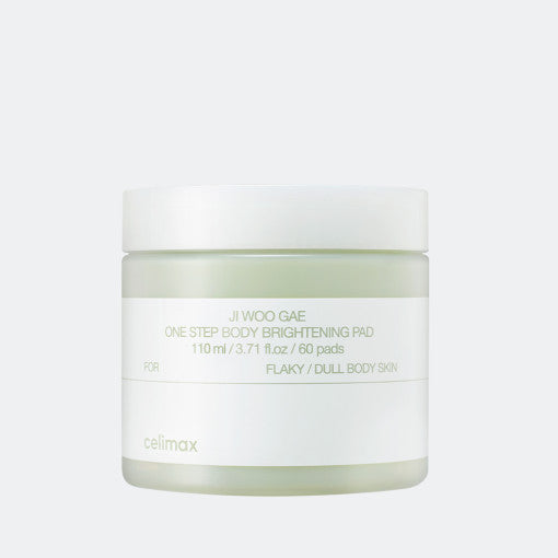 ProtoClinical k-beauty celimax JI WOO GAE One Step Body Brightening Pad 60Pads single tall light gray cylindrical pad container standing upright on a pale blue and white background