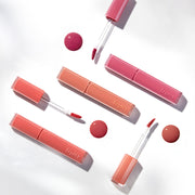ProtoClinical k-beauty ETUDE Fruity Dewy Tint 4.5g soft rosy lip tint swatch in a wide square shape with blurred edges on a pale blue and white background