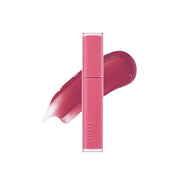 ProtoClinical k-beauty ETUDE Fruity Dewy Tint 4.5g raspberry-pink lip tint swatch in a wide square shape with blurred edges on a pale blue and white background