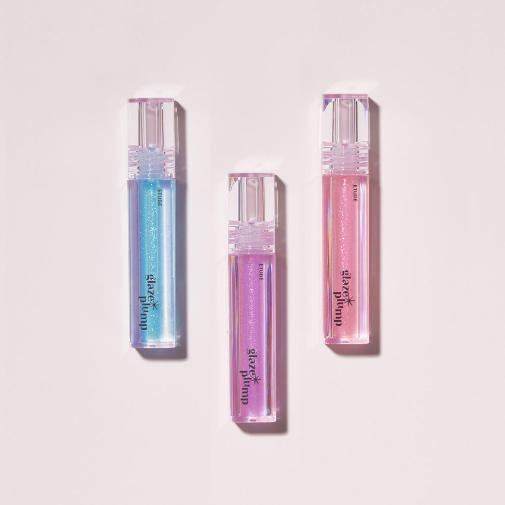 ProtoClinical k-beauty ETUDE Glaze Plump Gloss 4g single mauve gloss tube standing vertically on a pale mint and blush background