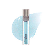 ProtoClinical k-beauty ETUDE Glaze Plump Gloss 4g single blue glitter lip gloss tube standing upright in front of a large sparkling blue swatch on a white background