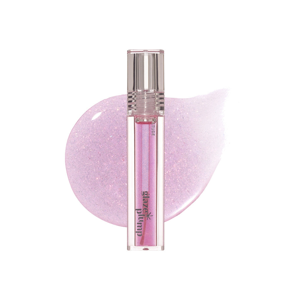 ProtoClinical k-beauty ETUDE Glaze Plump Gloss 4g single violet-pink glitter lip gloss tube standing upright in front of a large lavender shimmer swatch on a white background