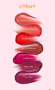 ProtoClinical k-beauty ETUDE Over Glowy Tint 3g deep red lip tint swatch in a vertical teardrop shape with pale blue and white side shading