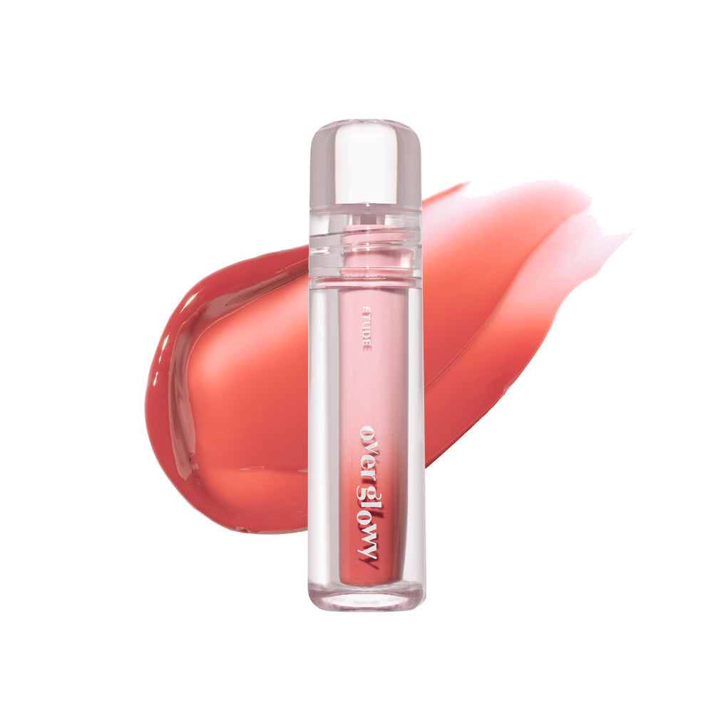 ProtoClinical k-beauty ETUDE Over Glowy Tint 3g deep rose lip tint swatch in a soft diamond shape on a pale blue and white background
