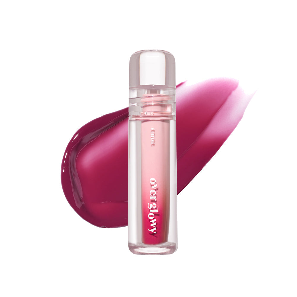 ProtoClinical k-beauty ETUDE Over Glowy Tint 3g deep plum lip tint swatch in a soft diamond shape on a pale blue and white background