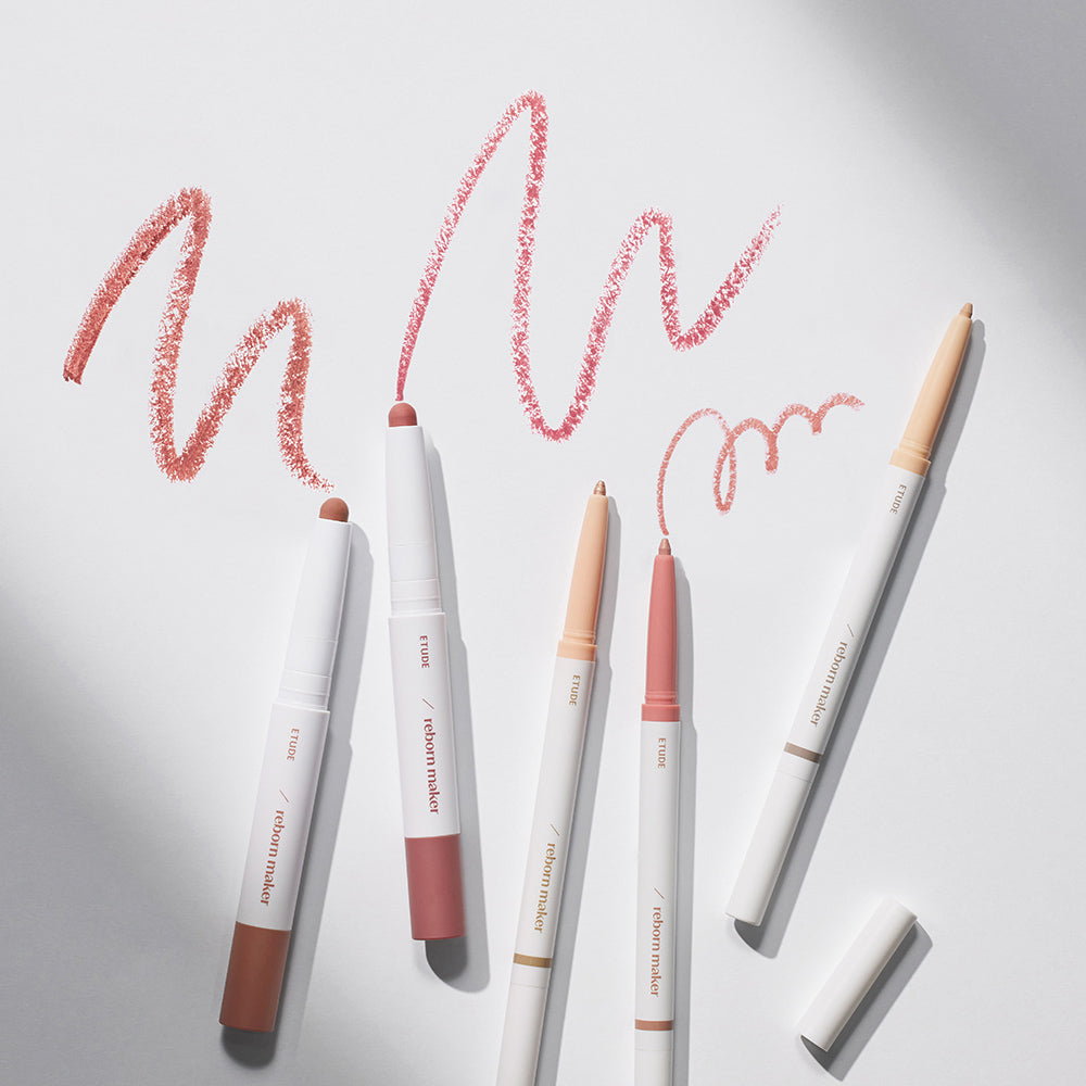 ProtoClinical k-beauty ETUDE Reborn Maker Over Lip 1g single slim lip pencil in warm beige packaging, centered upright on a light background