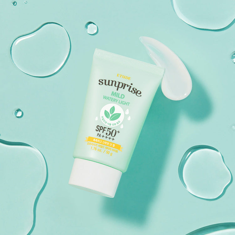 ProtoClinical k-beauty ETUDE Sunprise Mild Watery Light SPF50+ PA++++ 50ml shown as a single sun cream package on a clean white background.