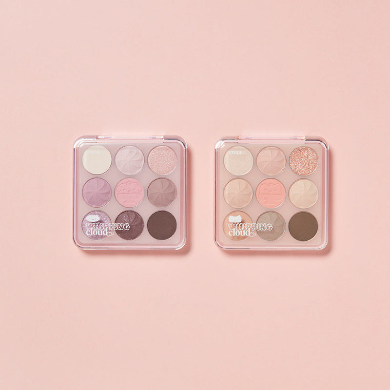 ProtoClinical k-beauty ETUDE Whipping Play Color Eyes 11.75g single rectangular eyeshadow palette on a soft peach background with two deeper brown pans visible