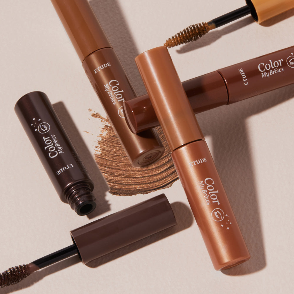 ProtoClinical k-beauty ETUDE Color My Brows 4.5g single beige eyebrow mascara tube centered vertically between dark brown side panels on a light background
