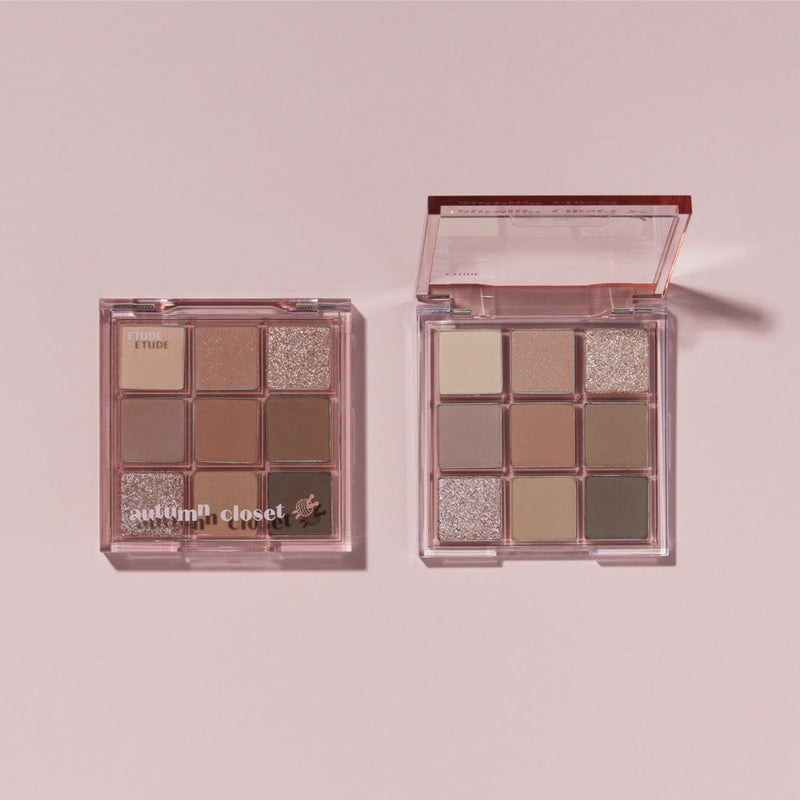 ETUDE Play Color Eyes 9-Color #Autumn Closet by ProtoClinical shown as a warm-toned makeup palette on a light background for a k-beauty makeup routine.