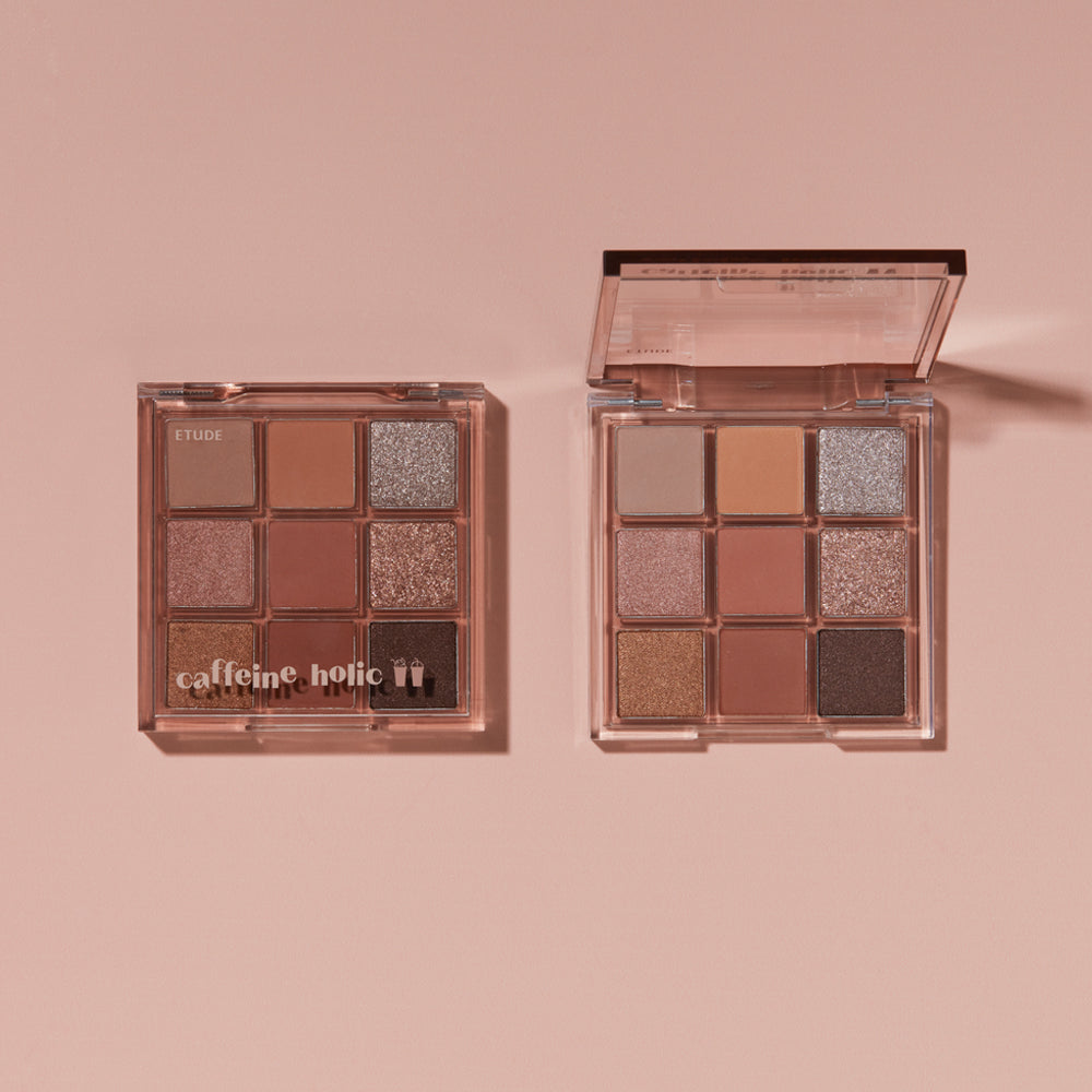 ProtoClinical k-beauty ETUDE Play Color Eyes 9-Color #Caffeine Holic with two deep brown rectangular eyeshadow blocks side by side on a soft blush background