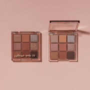 ProtoClinical k-beauty ETUDE Play Color Eyes 9-Color #Caffeine Holic with two deep brown rectangular eyeshadow blocks side by side on a soft blush background