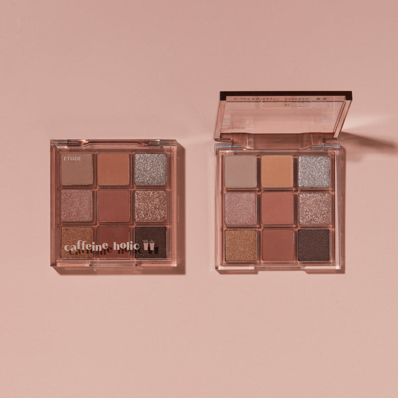 ProtoClinical k-beauty ETUDE Play Color Eyes 9-Color #Caffeine Holic with two deep brown rectangular eyeshadow blocks side by side on a soft blush background