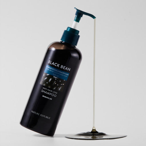 ProtoClinical k-beauty NATURE REPUBLIC Black Bean Anti Hair Loss Root Shampoo 520ml single upright dark shampoo bottle on a light background.
