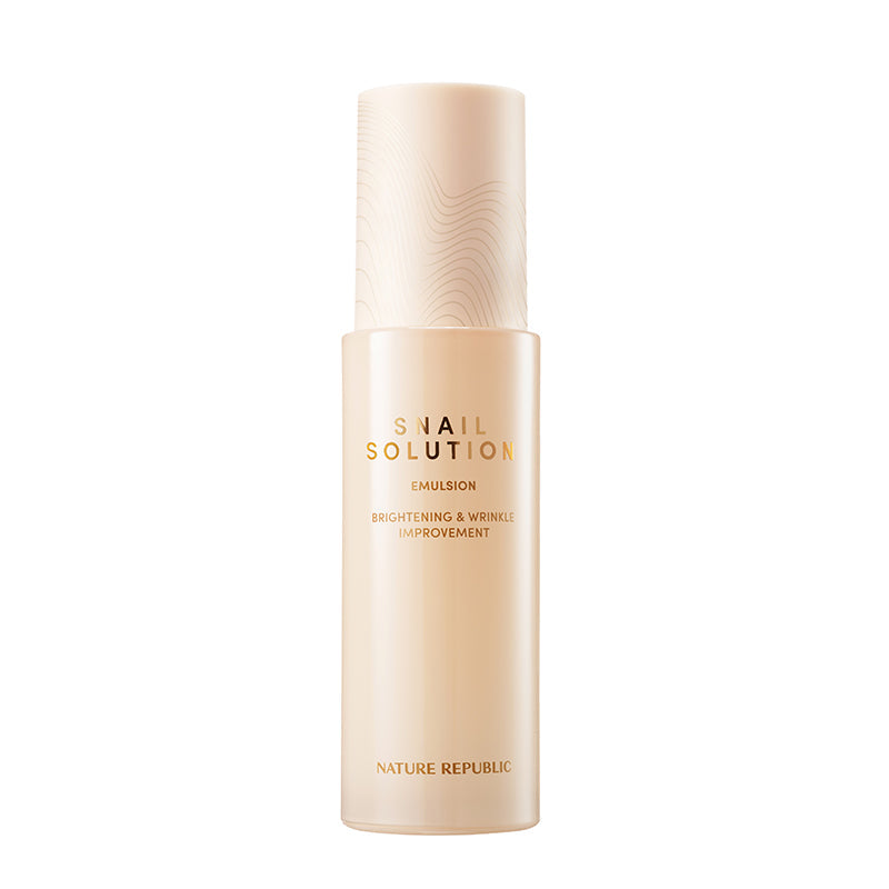 ProtoClinical k-beauty NATURE REPUBLIC Snail Solution Emulsion 120ml abstract beauty graphic with a soft beige vertical band on a pale background.