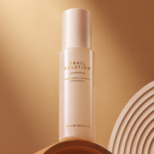 ProtoClinical k-beauty NATURE REPUBLIC Snail Solution Skin Booster 130ml warm beige product graphic with a pale vertical center and tan side shading