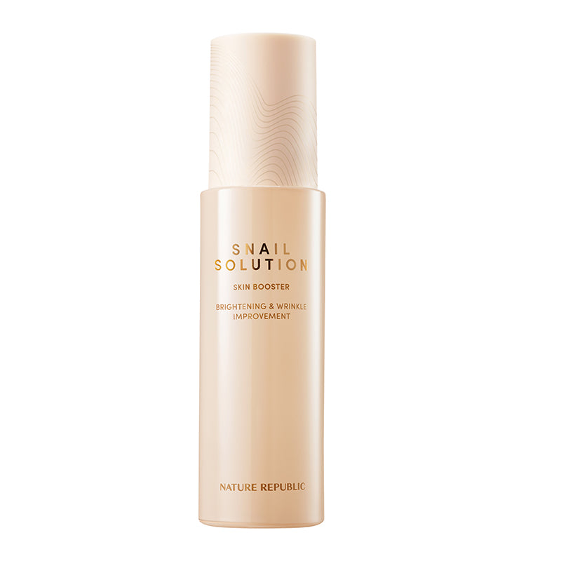ProtoClinical k-beauty NATURE REPUBLIC Snail Solution Skin Booster 130ml pale product graphic with a soft pink vertical center and faint blue side accents