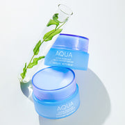 ProtoClinical k-beauty NATURE REPUBLIC Super Aqua Max Fresh Watery Cream 80ml abstract beauty graphic with a soft blue center on a warm beige background.