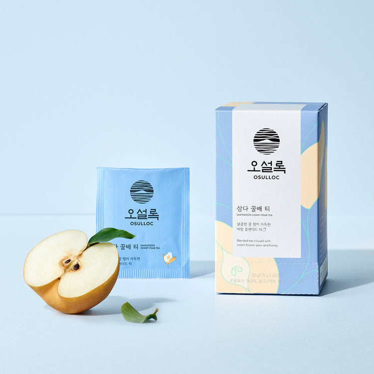 ProtoClinical k-beauty OSULLOC Honey Pear Tea (20 count) pale aqua tea box on a soft blue background.