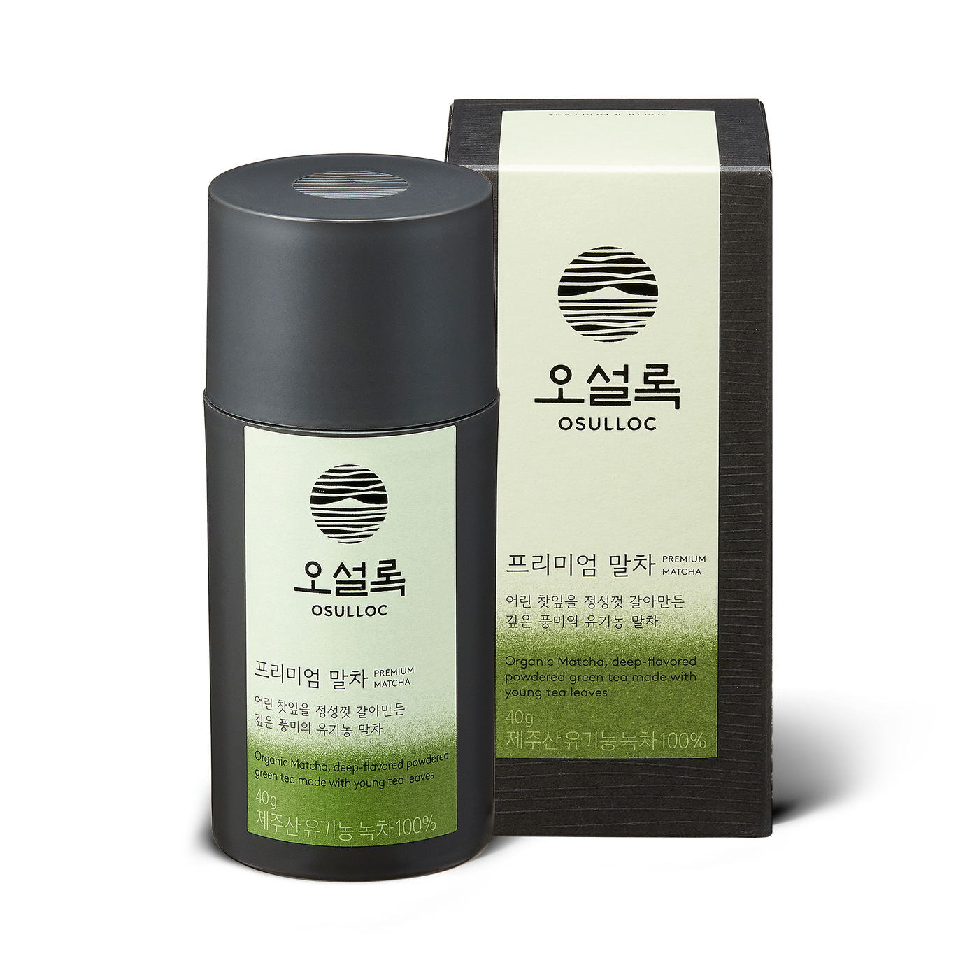 ProtoClinical k-beauty OSULLOC Organic Premium Matcha Powder 40g soft gray hexagonal package on a white background.