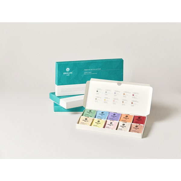 ProtoClinical k-beauty OSULLOC Premium Tea Collection 40ea pale aqua tea box with a muted blue center on a light background.