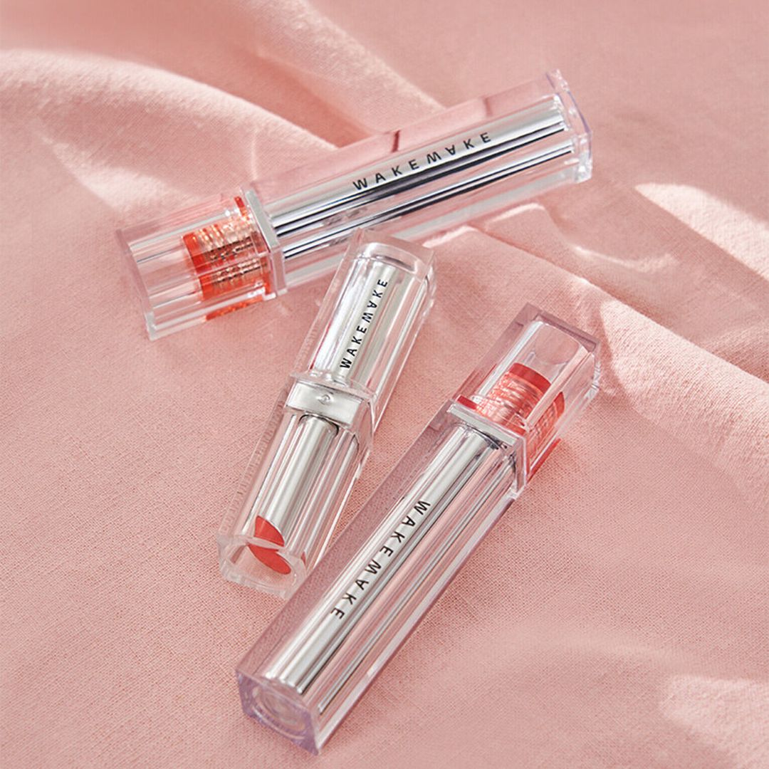 ProtoClinical k-beauty WAKEMAKE Dewy Gel Glaze Stick square shade graphic with pale lavender horizontal bands on a light background