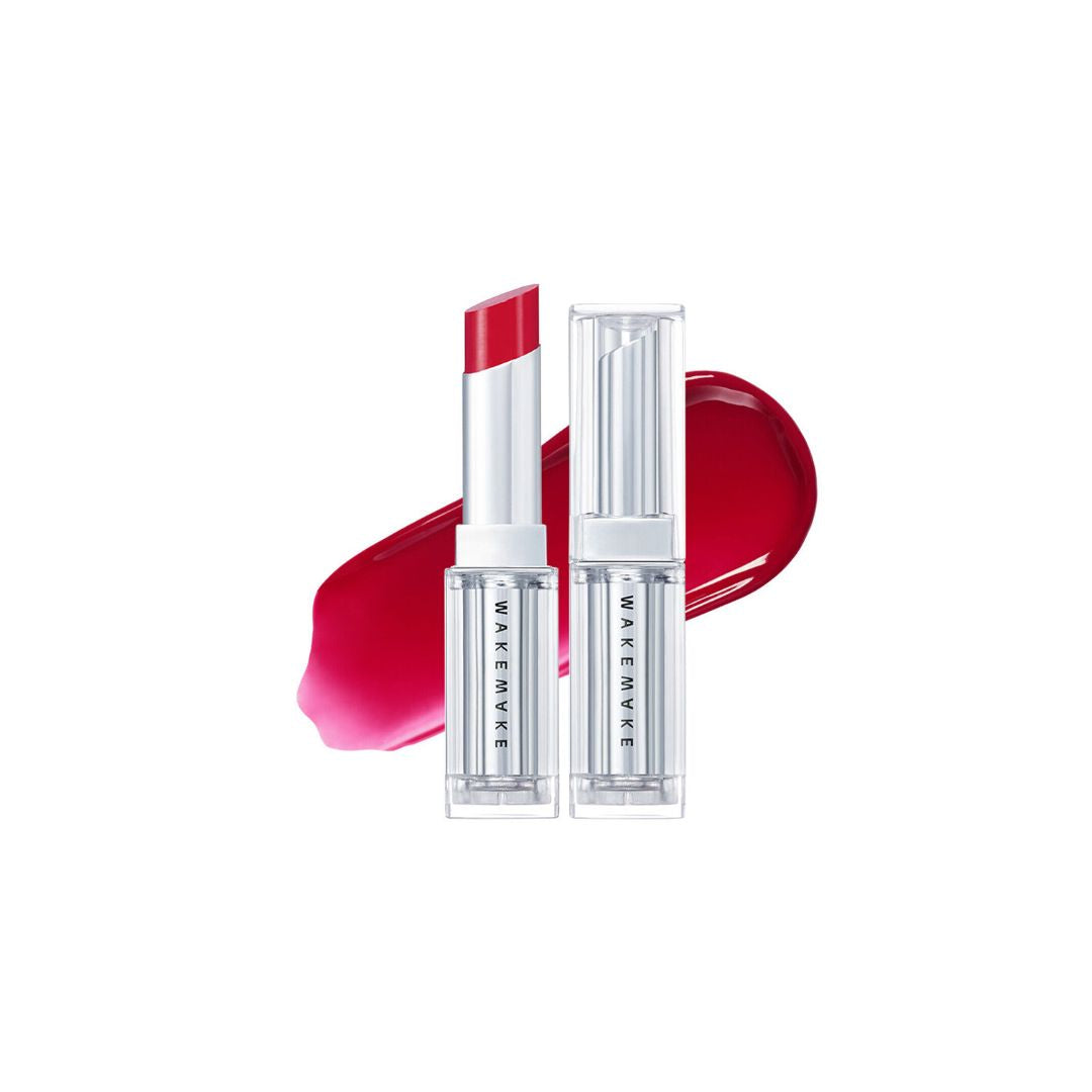 ProtoClinical k-beauty WAKEMAKE Dewy Gel Glaze Stick square shade graphic with berry red tones and a light centered layout