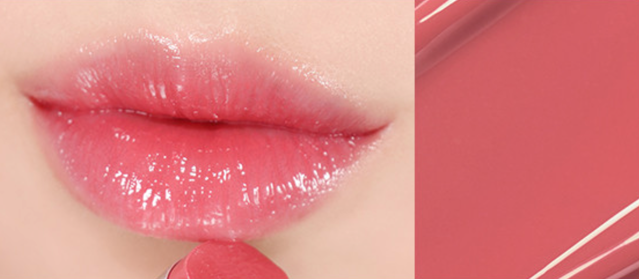 ProtoClinical k-beauty WAKEMAKE Dewy Gel Glaze Stick wide horizontal shade swatch graphic with warm pink and neutral panels