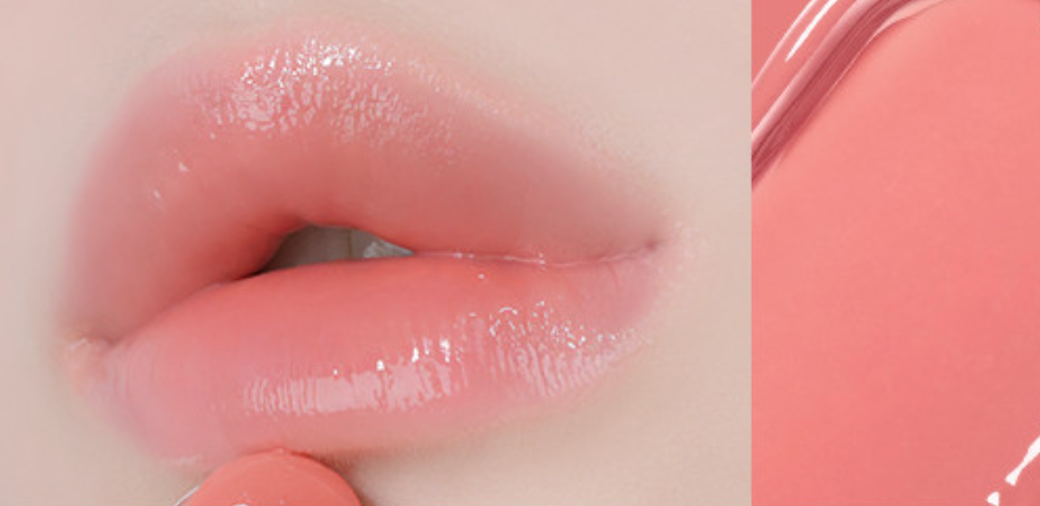 ProtoClinical k-beauty WAKEMAKE Dewy Gel Glaze Stick wide horizontal shade swatch graphic with peach and rose product panels
