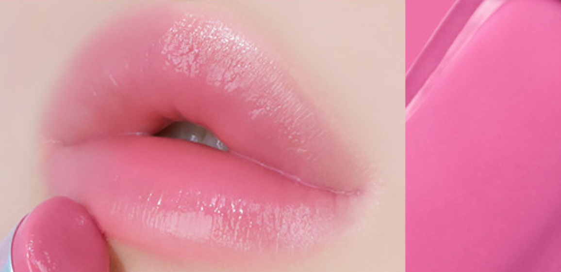 ProtoClinical k-beauty WAKEMAKE Dewy Gel Glaze Stick wide horizontal shade swatch graphic with warm red and muted pink panels