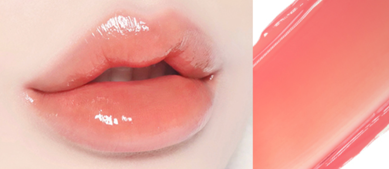 ProtoClinical k-beauty WAKEMAKE Dewy Gel Glow Tint wide horizontal lip tint swatch graphic with pink and rose panels
