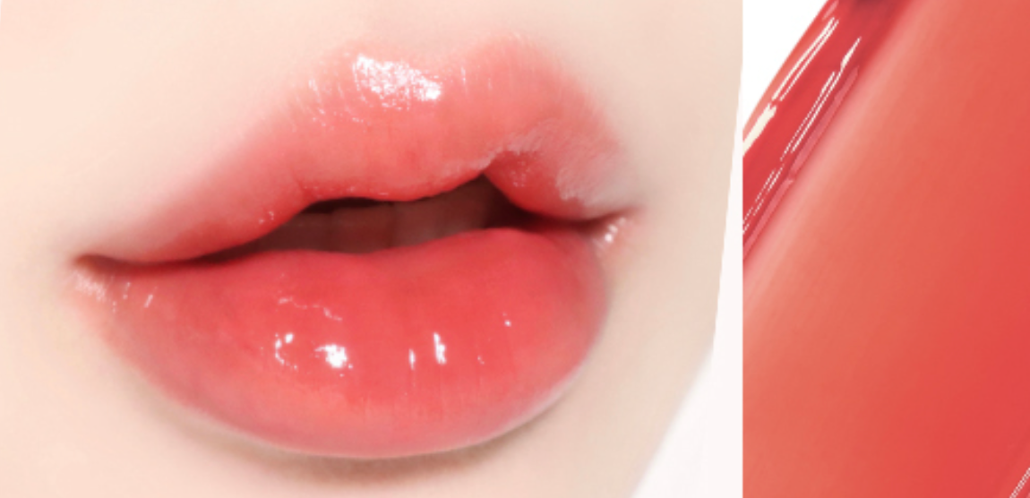 ProtoClinical k-beauty WAKEMAKE Dewy Gel Glow Tint wide horizontal lip tint swatch graphic with coral and muted red panels