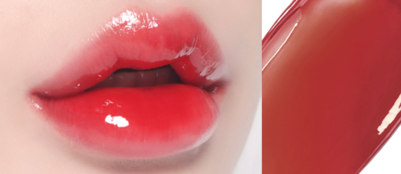 ProtoClinical k-beauty WAKEMAKE Dewy Gel Glow Tint wide horizontal lip tint swatch graphic with mauve and berry-pink panels