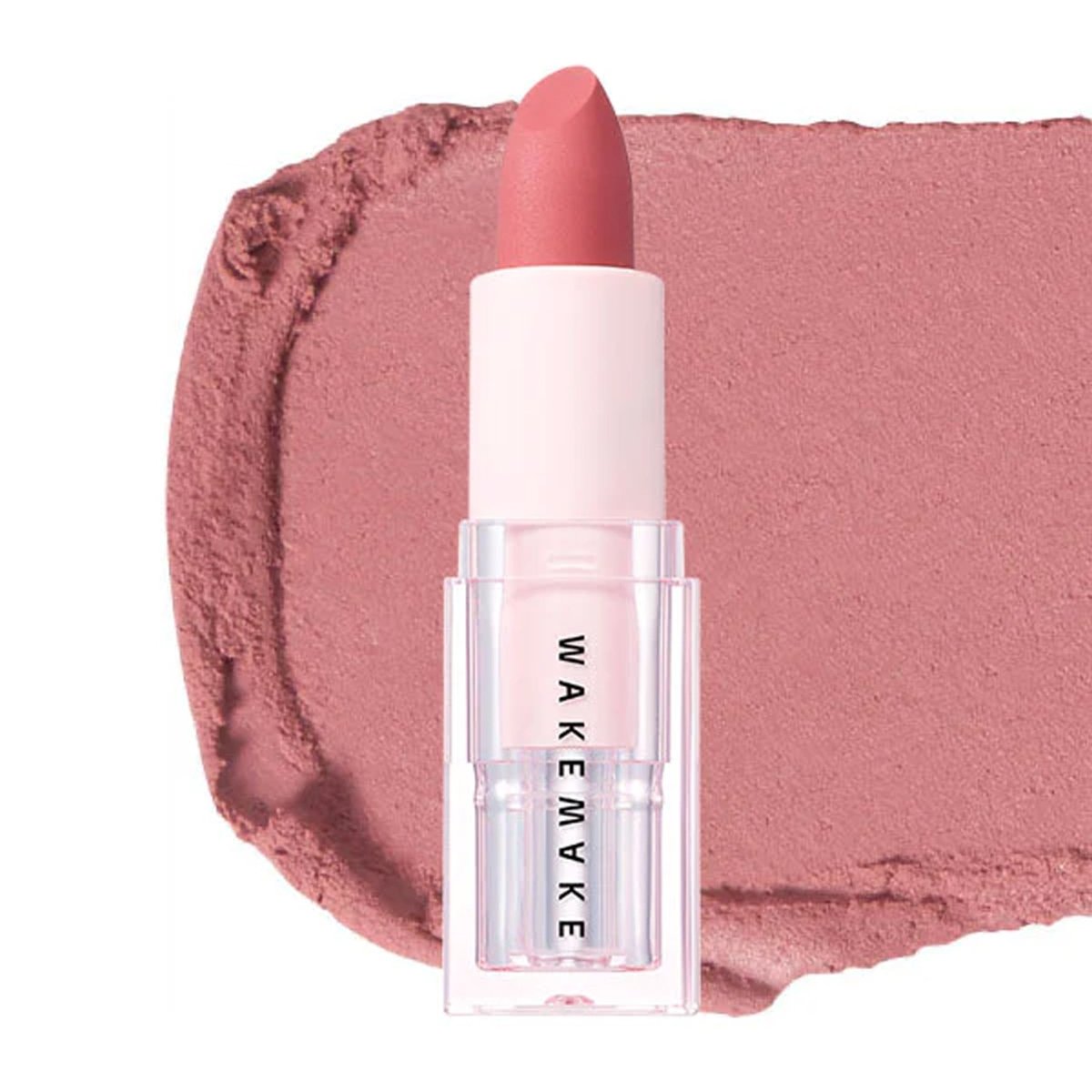 ProtoClinical k-beauty WAKEMAKE Velvet Blurring Matte Stick square lipstick shade graphic with warm coral-pink tones on a light background