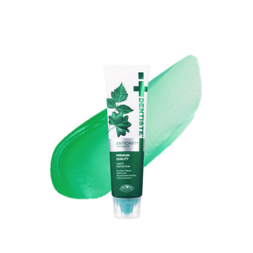 ProtoClinical k-beauty DENTISTE Anti-Cavity Toothpaste 100g single angled green toothpaste package on a white and mint background.