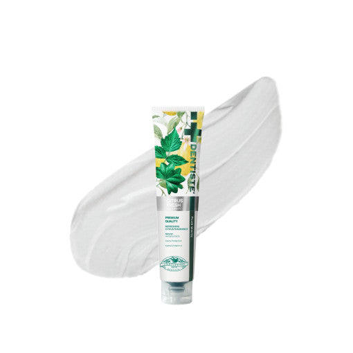 ProtoClinical k-beauty DENTISTE Citrus Fresh Toothpaste 100g single upright blue-green toothpaste tube centered on a white background with soft peach side accents.