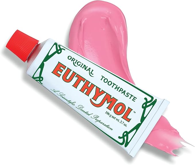 ProtoClinical k-beauty EUTHYMOL Original Toothpaste 106g with a boxed toothpaste package and matching tube side by side with beige trim and a pink cap