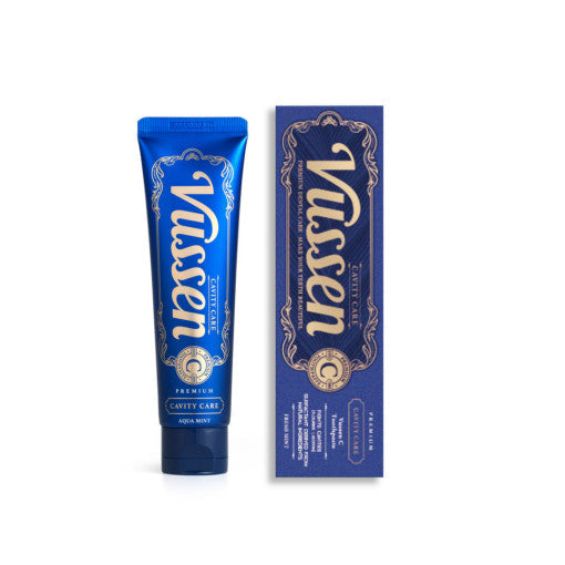 ProtoClinical k-beauty Vussen C Cavity Care Aqua Mint Toothpaste 120g toothpaste tube with matching carton packaging on a clean white background