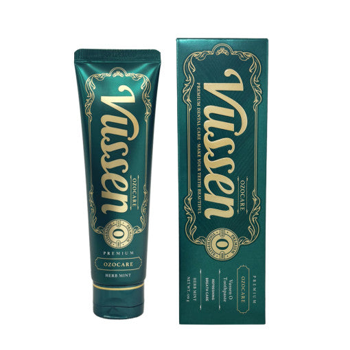 ProtoClinical k-beauty Vussen Premium OZO CARE Herb Mint Toothpaste 120g front-facing toothpaste box packaging on a clean white background