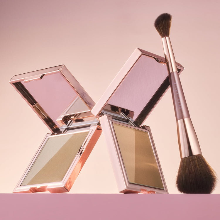 ProtoClinical k-beauty skincare product collage in soft pink and brown tones on a light background.
