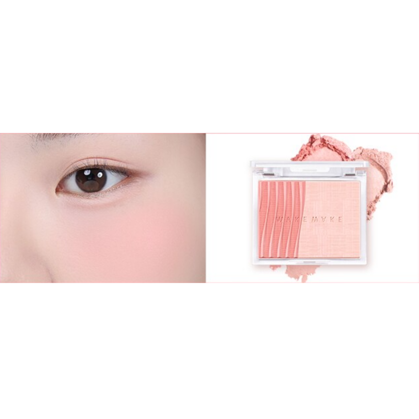 ProtoClinical k-beauty WAKEMAKE Sheer Layering Dual Blusher (5 Colours) square blush shade graphic with muted rosy beige tones, paired color blocks, and a light background