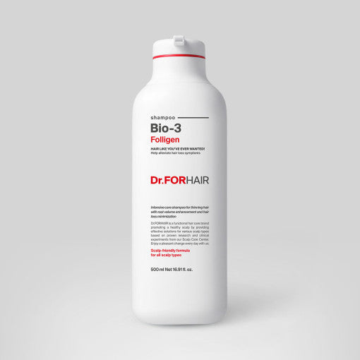 ProtoClinical k-beauty Dr.FORHAIR Bio-3 Folligen Shampoo 500ml single upright shampoo bottle centered on a light background.